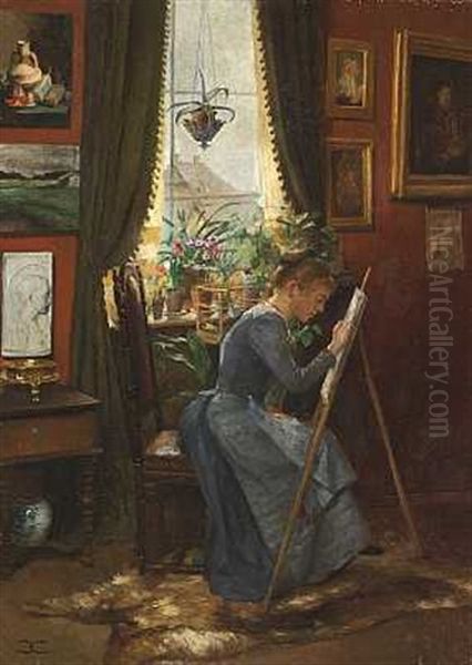 Fra Et Kunstnerhjem. Den Unge Kunstnerinde Ved Staffeliet I Et Hjorne Af Stuen - view 1