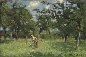 A Man Scything In An Orchard by Sir George Clausen