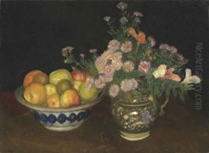 A Jug Of Wild Flowers And Fruit In A Bowl
