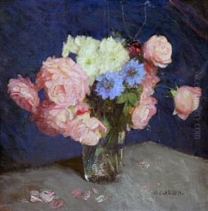 Roses And Cornflowers In A Glass Vase