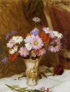 Still Life With Michaelmas Daisies And Cornflowers In A Jug On A White Cloth Draped Table