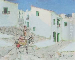 Man With His Donkey In A Village Street by Vincente Mulet Claver