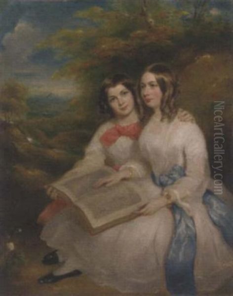 Portrait Of Rebecca And Gertrude Bates, In White Dresses, With An Album Of Drawings On Their Laps, In A Wooded Landscape - view 1
