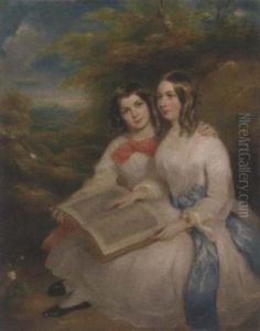 Portrait Of Rebecca And Gertrude Bates, In White Dresses, With An Album Of Drawings On Their Laps, In A Wooded Landscape by Marshall Claxton