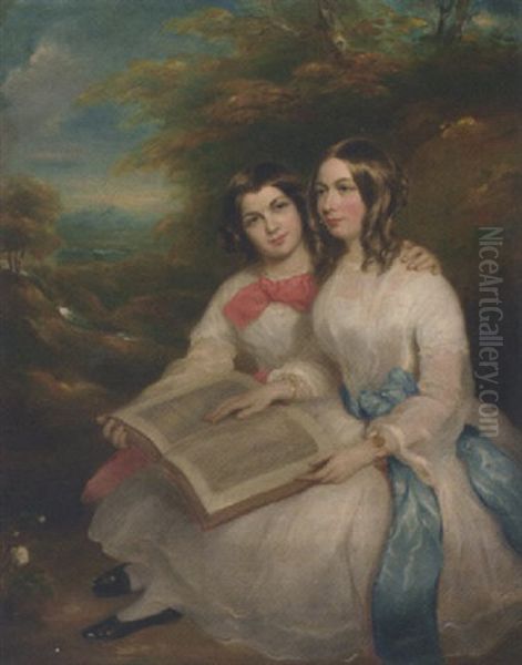 Portrait Of Rebecca And Gertrude Bates In White Dresses, With An Album Of Drawings On Their Laps, In A Wooded Landscape - view 1