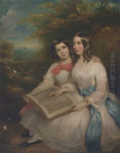 Portrait Of Rebecca And Gertrude Bates In White Dresses, With An Album Of Drawings On Their Laps, In A Wooded Landscape by Marshall Claxton