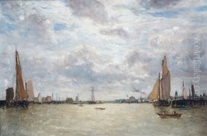 Ships On The Scheldt, Antwerp by Paul Jean Clays
