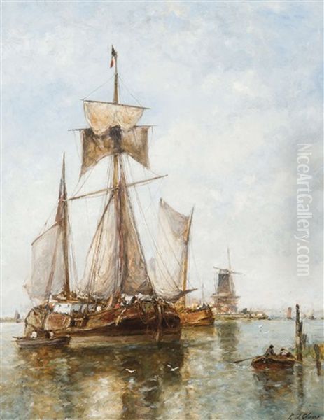 Bateaux Fluviaux Amarres Devant Un Moulin - view 1