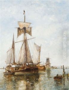 Bateaux Fluviaux Amarres Devant Un Moulin by Paul Jean Clays