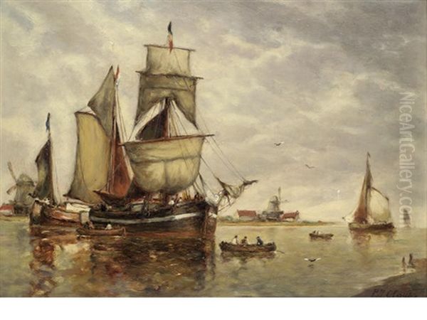 Barges Moored Before A Windmill - view 1