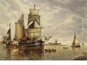 Barges Moored Before A Windmill by Paul Jean Clays