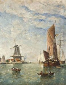 Barges And Other Coastal Traffic On A River Estuary Before A Windmill by Paul Jean Clays