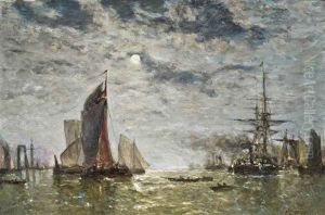 Vessels Moored Under The Moon by Paul Jean Clays