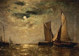 Shipping Off The Coast In The Moonlight by Paul Jean Clays