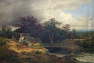 Cottage With Woodland In A Rural Landscape by Jules Andre