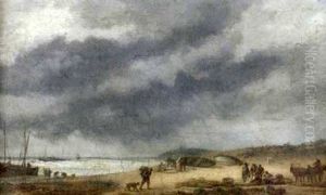 Netzausbreitende Fischer Am Strand by Paul Jean Clays