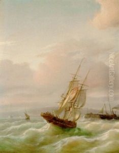 A Norwegian Trading Brig Running Into Port Past The Departing Packet by Paul Jean Clays