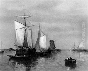 Sailboats In A Dutch Harbor by Paul Jean Clays