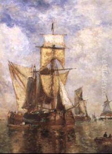 Bateaux Dans L'embouchure De L'escaut, A L'arriere-plan, Un Moulin by Paul Jean Clays