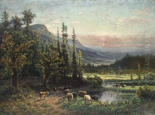 Cows Grazing By A Pool In A Mountainous North American Landscape - view 1