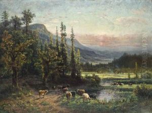 Cows Grazing By A Pool In A Mountainous North American Landscape by Henry Cleenewerck