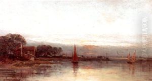 A River Scene At Sunset by Henry Cleenewerck