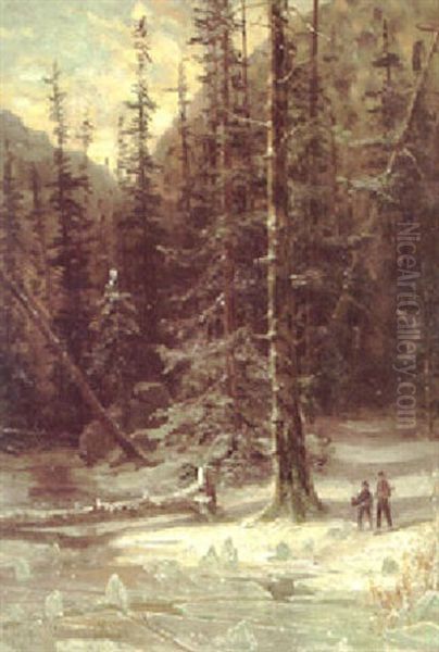 A Winter Landscape With Hunters By A Frozen Lake In A Forest - view 1