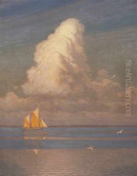 Coastal Scenery With A Sailing Ship And Seagulls In The Sunlight - view 1