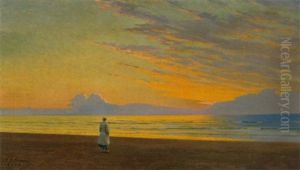 Solnedgang Ved Vesterhavet. En Ung Kvinde Nyder Det Smukke Aftenlys Solnedgang Ved Vesterhavet. En Ung Kvinde Nyder Det Smukke Aftenlys