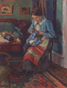 Stueinterior Med Dame Der Syer by Gustav Adolf Clemens