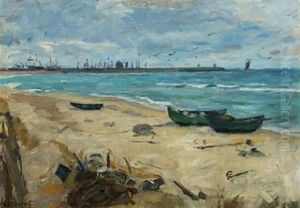 A Scene From Vester Strand, In The Background Skagen Harbour by Gad Frederik Clement