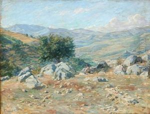 Italian Mountain Landscape With A Man Resting by Gad Frederik Clement