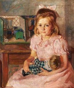 En Lille Pige I Lyserod Kjole Sidder Med Sin Dukke Ved Dukkehuset by Gad Frederik Clement