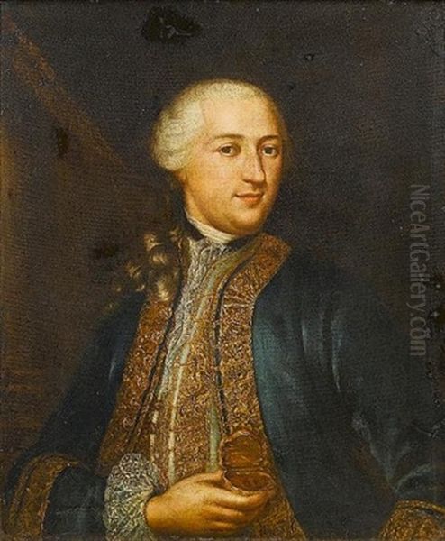 Portrait Of A Gentleman, Half-length, In A Blue, Brocade Edged Coat Holding A Gold Box And Standing Before A Curtain - view 1