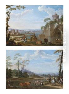An Extensive River Landscape With Travellers Watering Their Horses And Drovers At Rest With Their Herd, Beside A Ruin (+ An Extensive River Landscape With Travellers On A Track And Drovers Watering Their Herd; Pair) by Jacques Sebastien Le Clerc