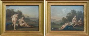 Deux Baigneuses Dans Un Paysage, Groupe De Trois Baigneuses Au Bord D'une Riviere (pair) by Jacques Sebastien Le Clerc