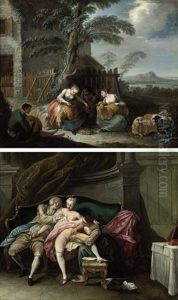 Shepherds Shearing Sheep In A Landscape (+ A Lady With Her Lover In Her Boudoir, Being Attended To By Her Maid, Verso; 2 Works)
