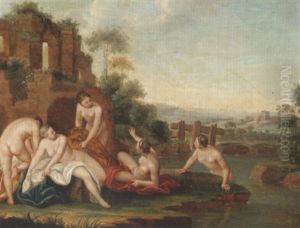 Women Bathing Amongst Ruins, In An Open Landscape by Jacques Sebastien Le Clerc