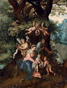 La Sainte Famille Avec Saint Jean-baptiste Et Des Anges Dans Un Paysage Boise by Hendrick De Clerck