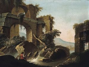 Flusslandschaft Mit Ruinen Und Anglern (+ Another, Similar; Pair) by Charles-Louis Clerisseau