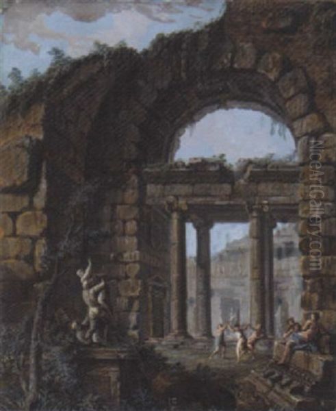 A Ruined Classical Villa With Figures Dancing - view 1