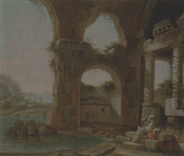 An Architectural Capriccio With Washerwomen By A River - view 1