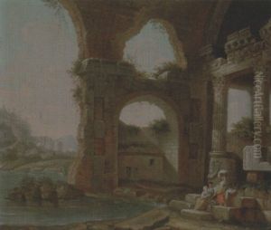 An Architectural Capriccio With Washerwomen By A River by Charles-Louis Clerisseau