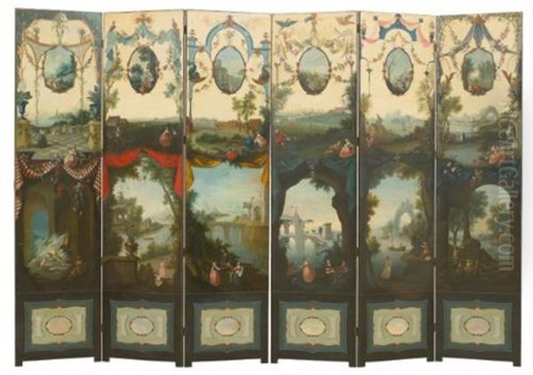Decorative Screens Showing Scenes Elegant Figures Promenading In Landscapes And Medallions With Putti, Framed By Drapery And Garlands Of Flowers (pair) - view 1