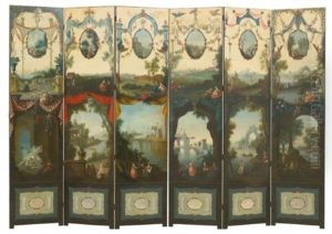 Decorative Screens Showing Scenes Elegant Figures Promenading In Landscapes And Medallions With Putti, Framed By Drapery And Garlands Of Flowers (pair) by Andien de Clermont