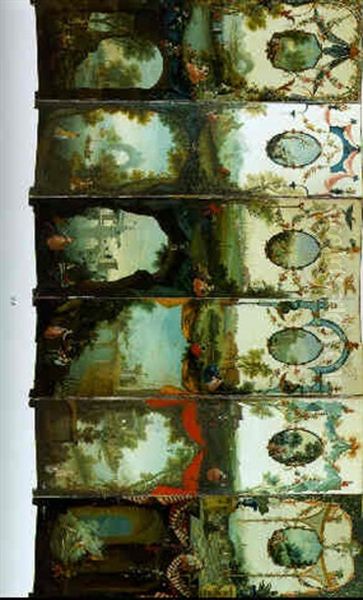 Elegant Figures Promenading In Landscapes With Medallions Decorated With Putti And Supported By Drapes And Garlands Of Mixed Flowers - view 1