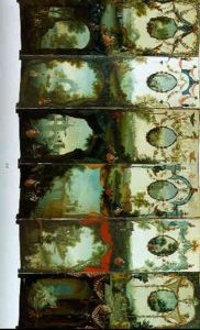 Elegant Figures Promenading In Landscapes With Medallions Decorated With Putti And Supported By Drapes And Garlands Of Mixed Flowers by Andien de Clermont