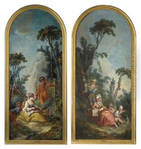 A Woman With Two Children And A Musician In A Wooded Landscape (+ A Woman With Two Children And A Fisherman In A Wooded Landscape; Pair) by Jean Francois Clermont