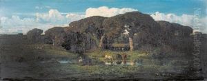 Landschaftsidylle Mit Pferden Am Weiher by Jean-Baptiste Clesinger