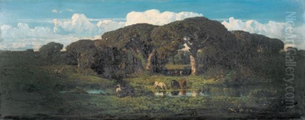Idyllische Landschaft Am Weiher Mit Pferden - view 1